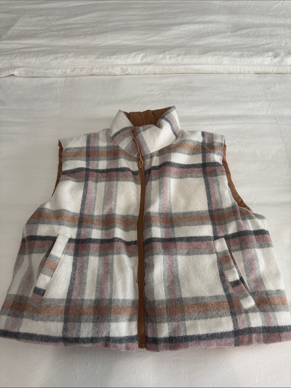 Dry Goods Plaid Puffer Vest in Cream, Brown, Pink and Gray